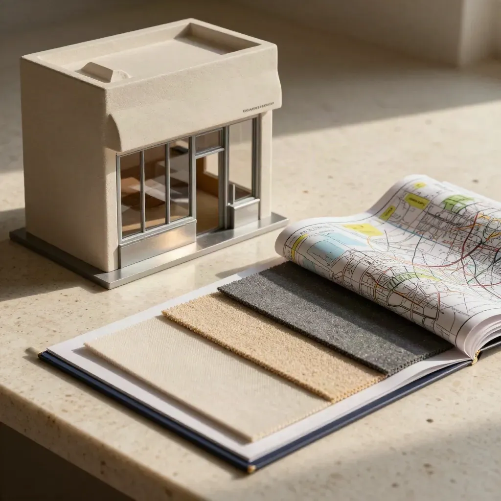 Franchise strategy maquette with territory markers, swatches and a folded map on pale stone.