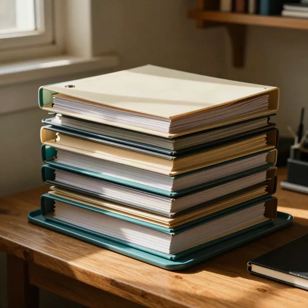 Stacked operations binders with dividers and notebook on a warm workbench in soft window light.