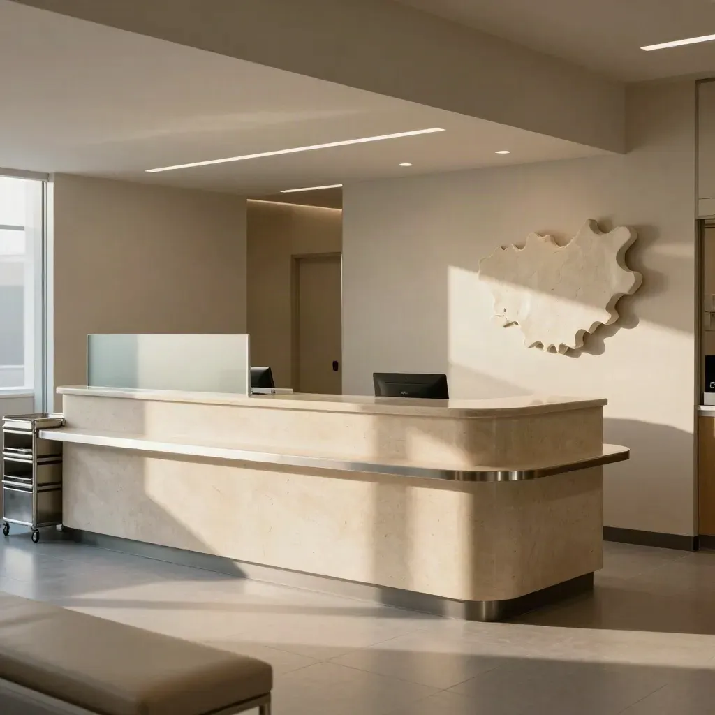 Empty clinic reception with stone counter, privacy screens, sterile trays and a sculptural market model.