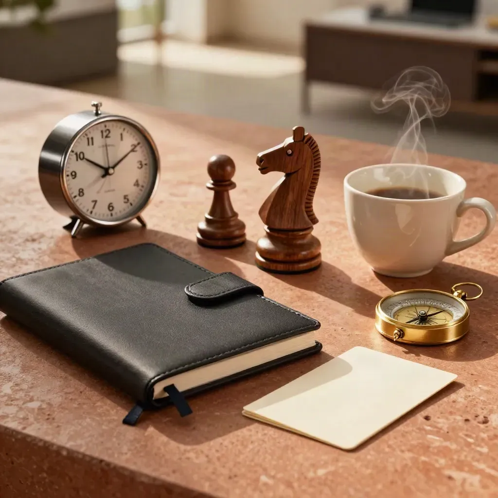 Franchise coaching tools on warm stone with late sunlight and a steaming cup.
