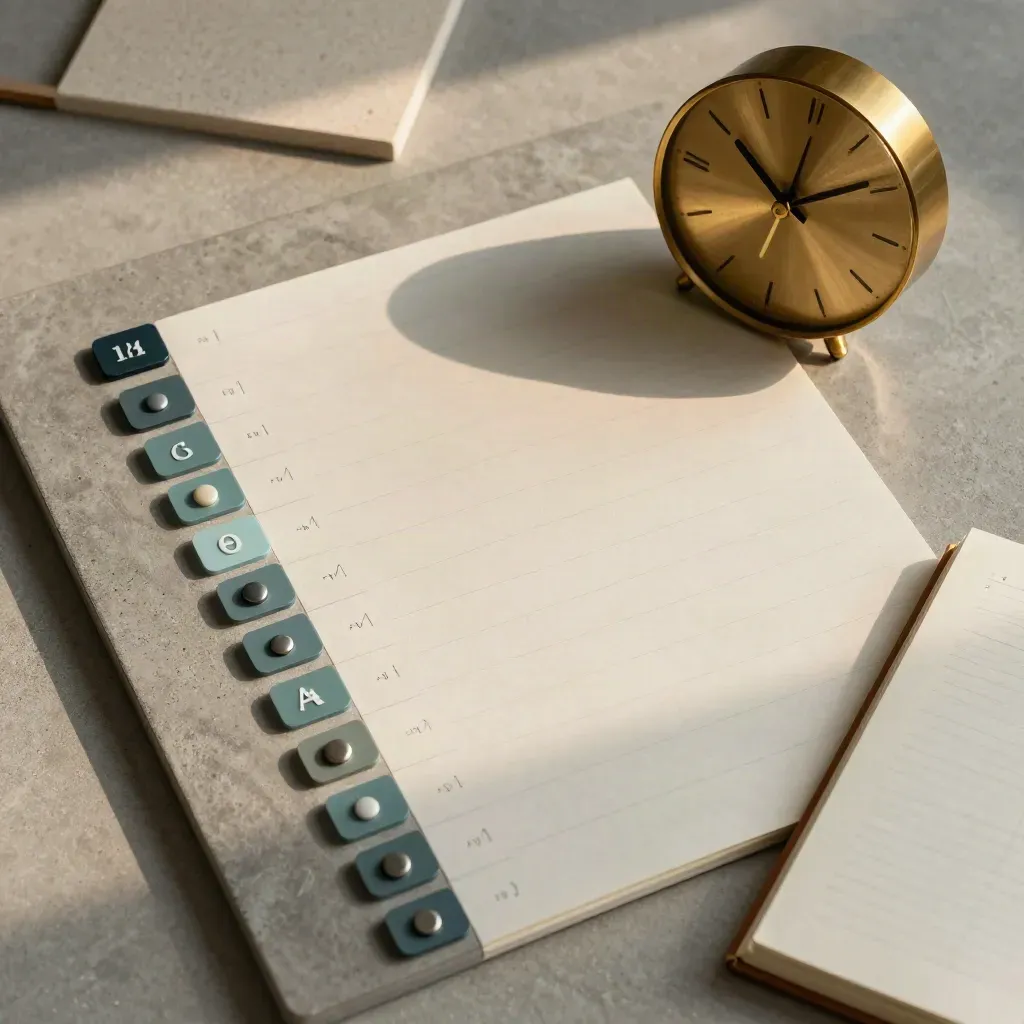 Overhead flatlay of rollout tabs, brass clock, notebook spine and milestone tokens on concrete.